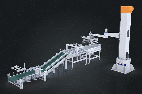 Palletizer for large scale fertilizer packing system